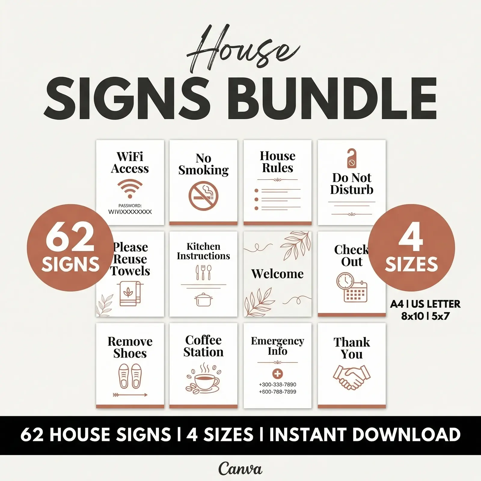 Airbnb Host Bundle check-in sign templates showing guest-facing entry reminders and house signs