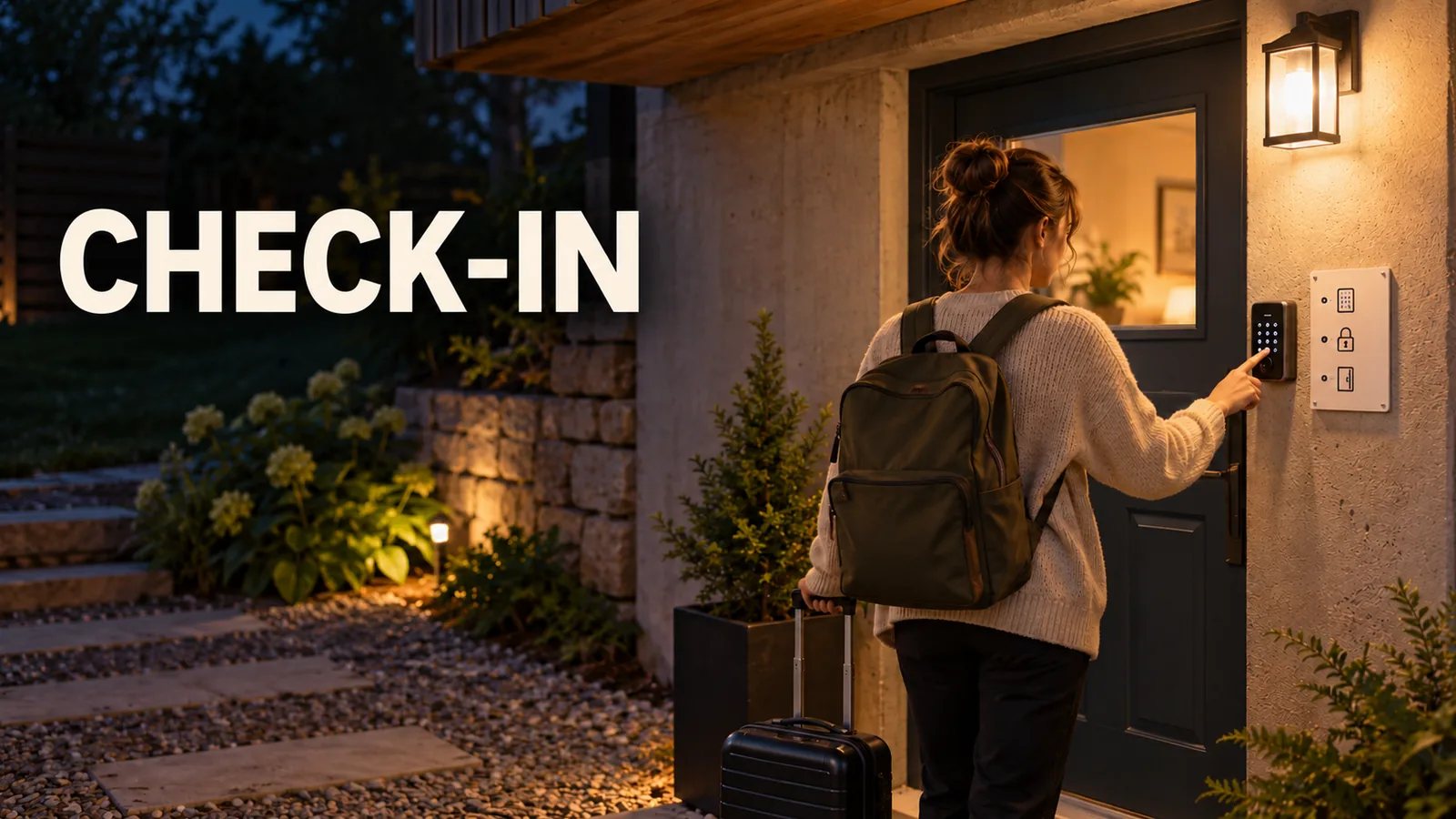 A guest with a small bag follows a keypad and instruction card toward a basement suite