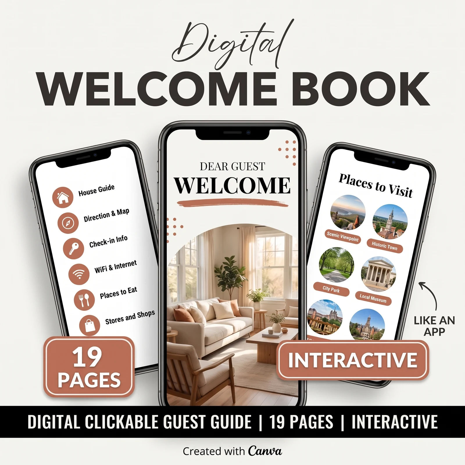 Digital clickable welcome book for Airbnb guests on a phone, with house guide, check-in info and WiFi pages