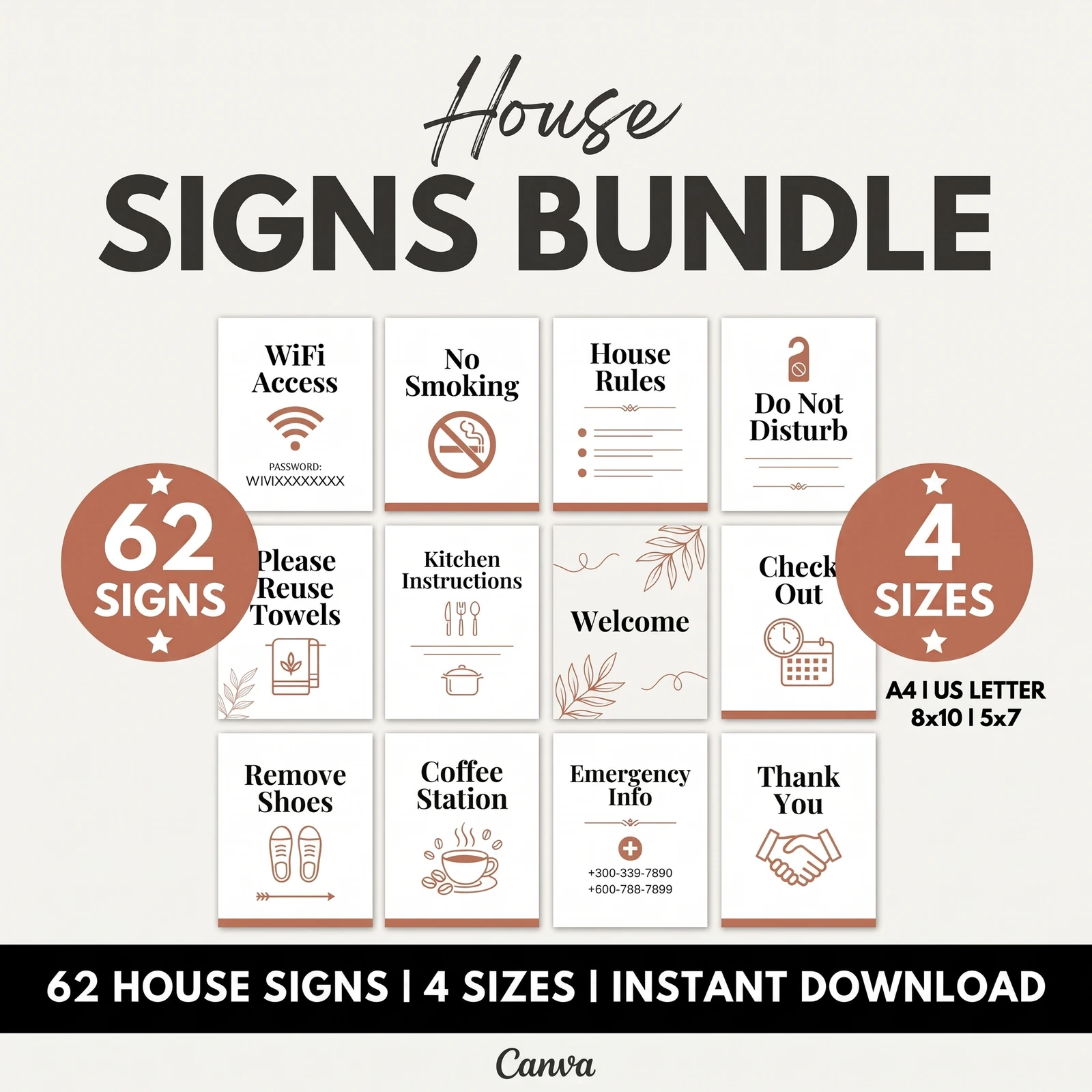 Printable house signs for Airbnb hosts, including a checkout sign, WiFi access and house rules