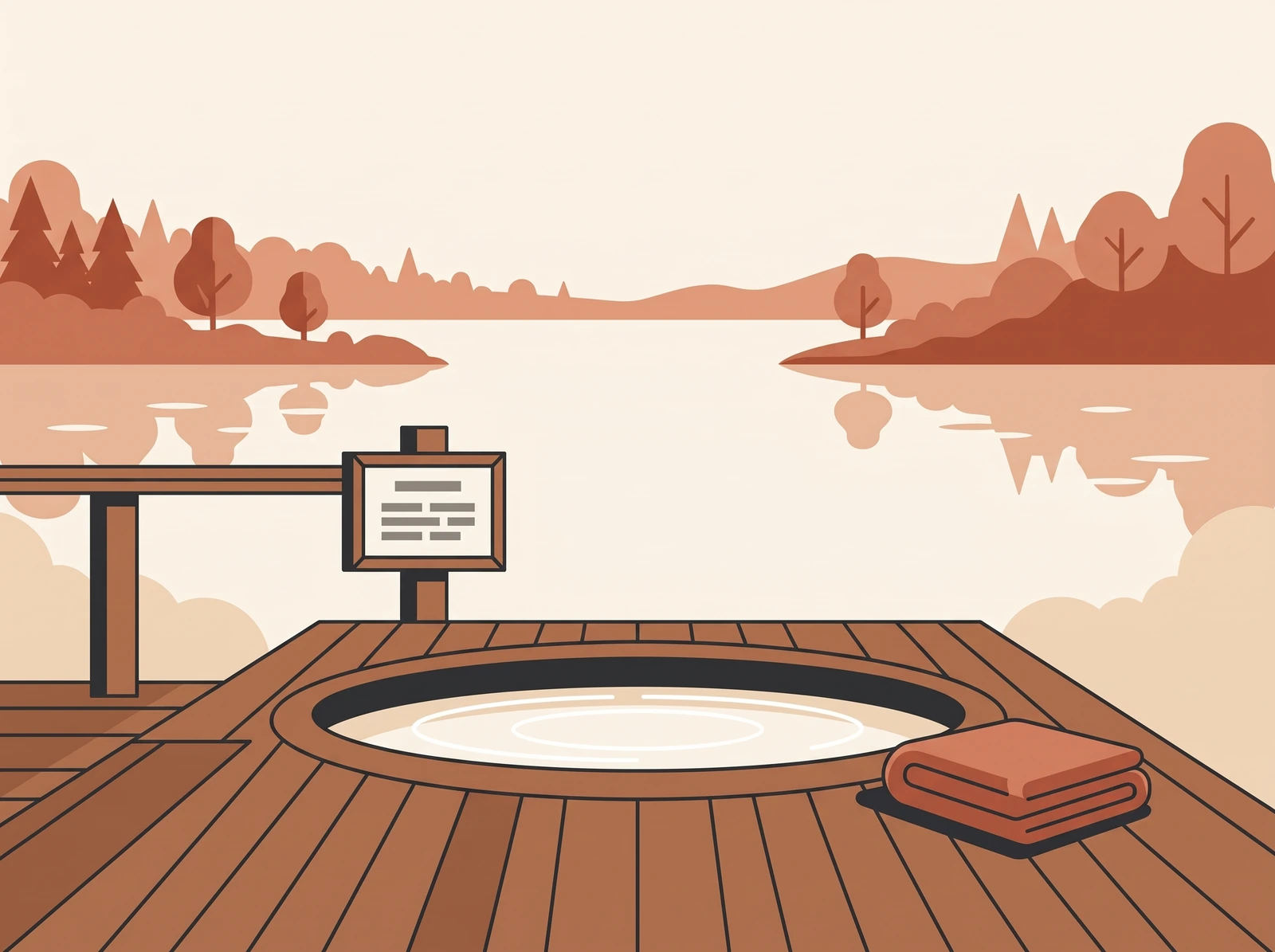 Hot tub rules sign beside a lakeside cabin hot tub