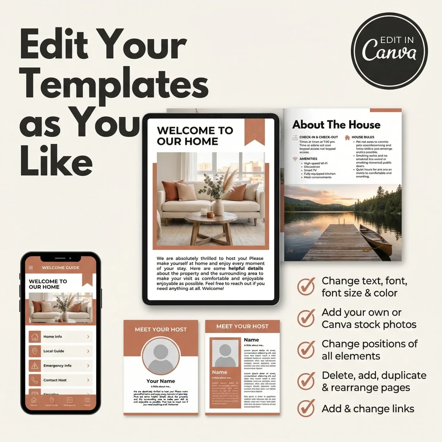 An Airbnb Host Bundle template open for editing, illustrating the Canva format for guest-facing materials