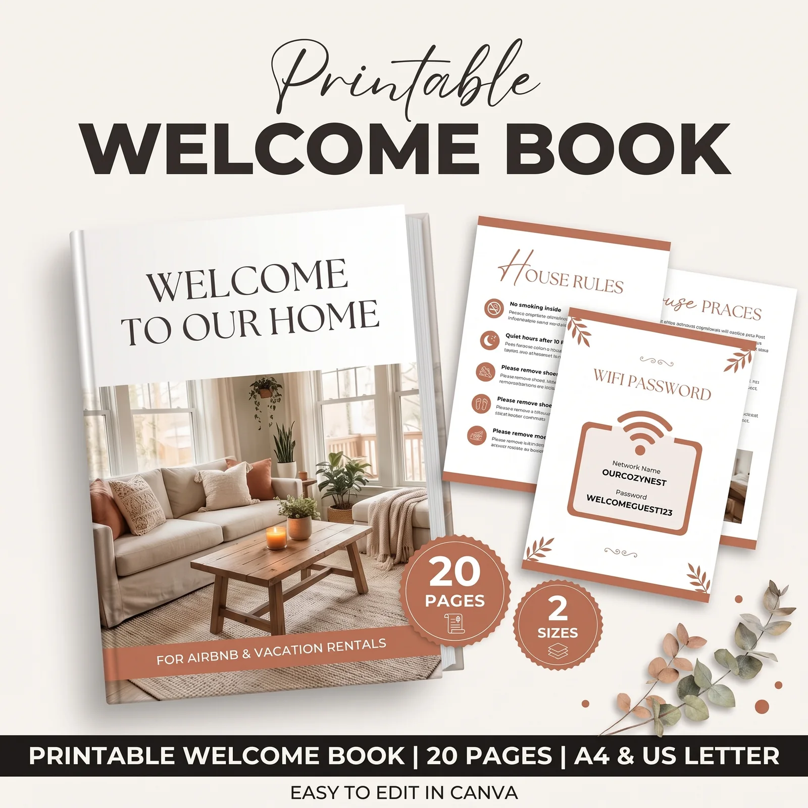 The printable Airbnb Host Bundle welcome book with check-out instructions and a guest feedback page