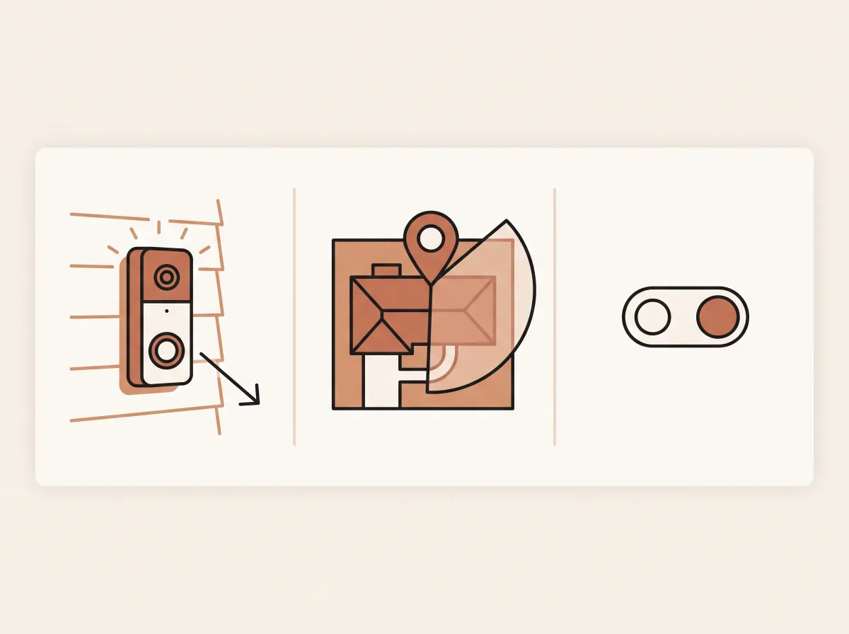 Three disclosure checks for an exterior camera: device, location and coverage, and status