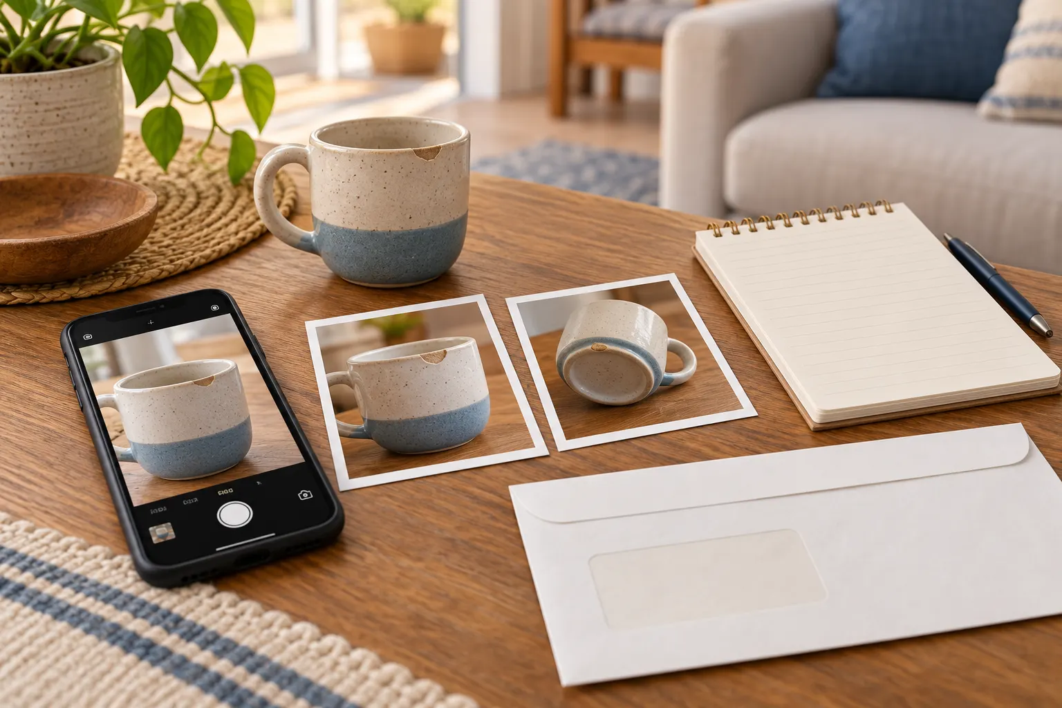 Illustration of a phone and photos documenting a chipped mug beside a blank notepad