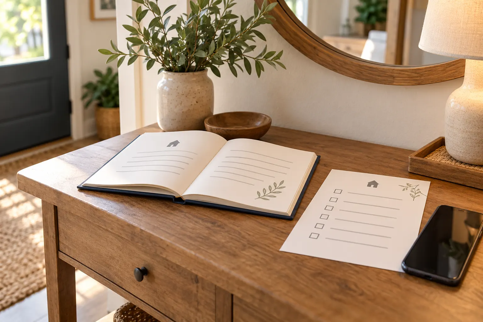 Illustration of an open welcome book, blank turnover checklist, and phone on a rental entryway table