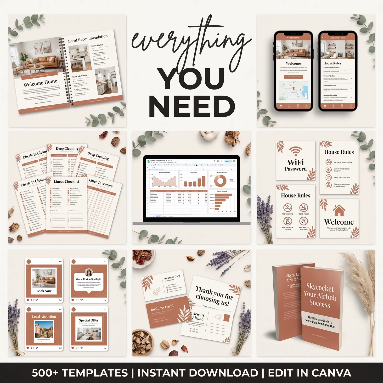 What's included in the Airbnb Host Bundle: welcome book, digital guide, checklists, property tracker, house signs, social posts, business cards and eBook