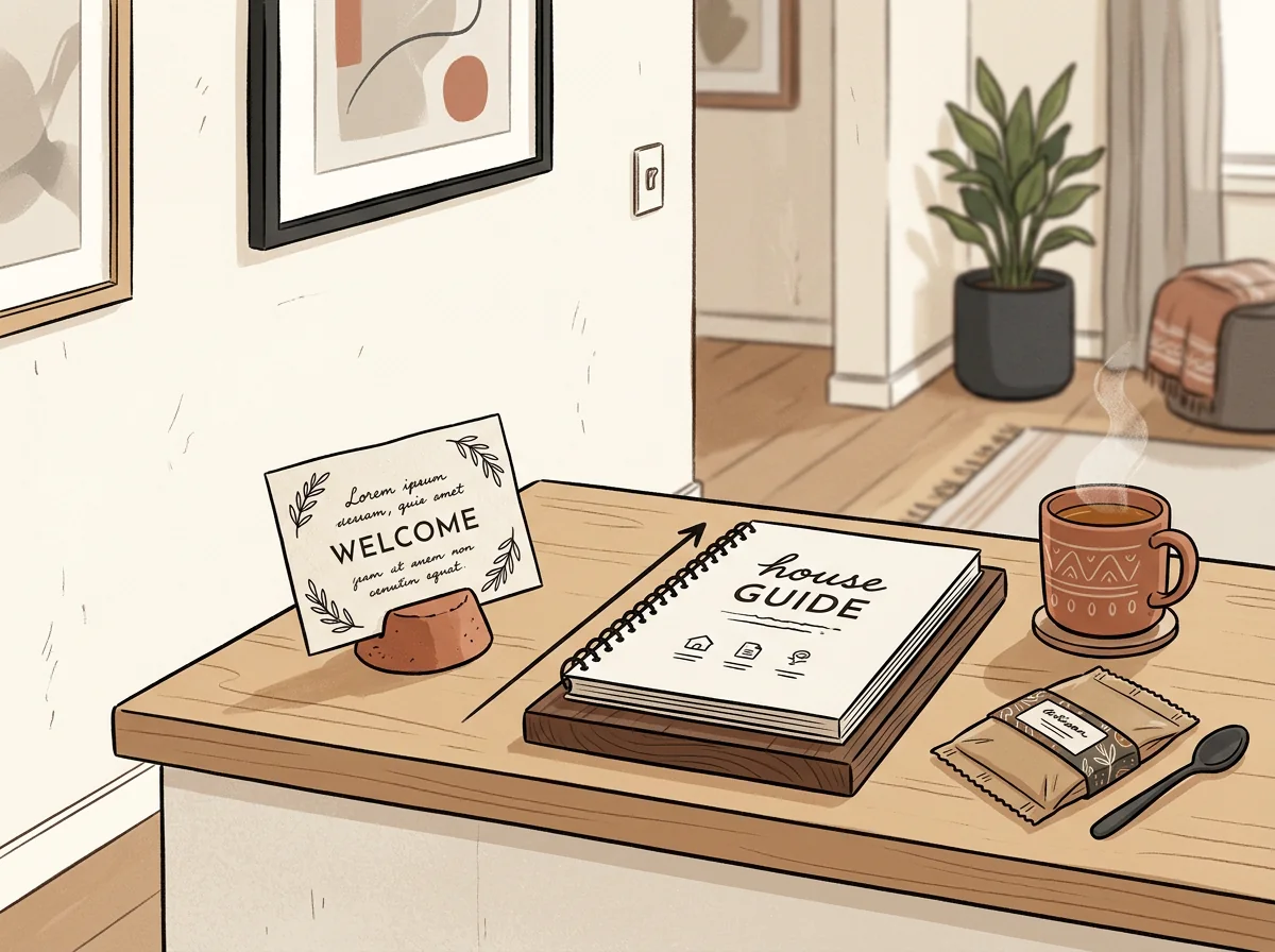 A concise welcome card points guests from arrival treats to the house guide